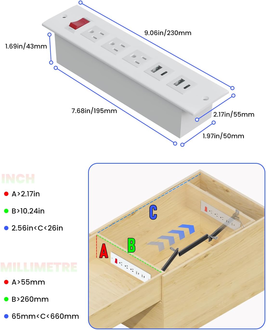 Drawer Outlet Kit with Typec PD20W Fast Charger Station, 3 Outlet and Power Cable Arm for Kitchen Bathroom Cabinets (White)