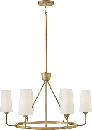 Hinkley Lewis 45006HB Medium Single Tier Chandelier -Traditional 6-Light Round Hanging Fixture, Tall Tapered Drum Paper Shades, Slender Silhouette, Adjustable Height, in Heritage Brass
