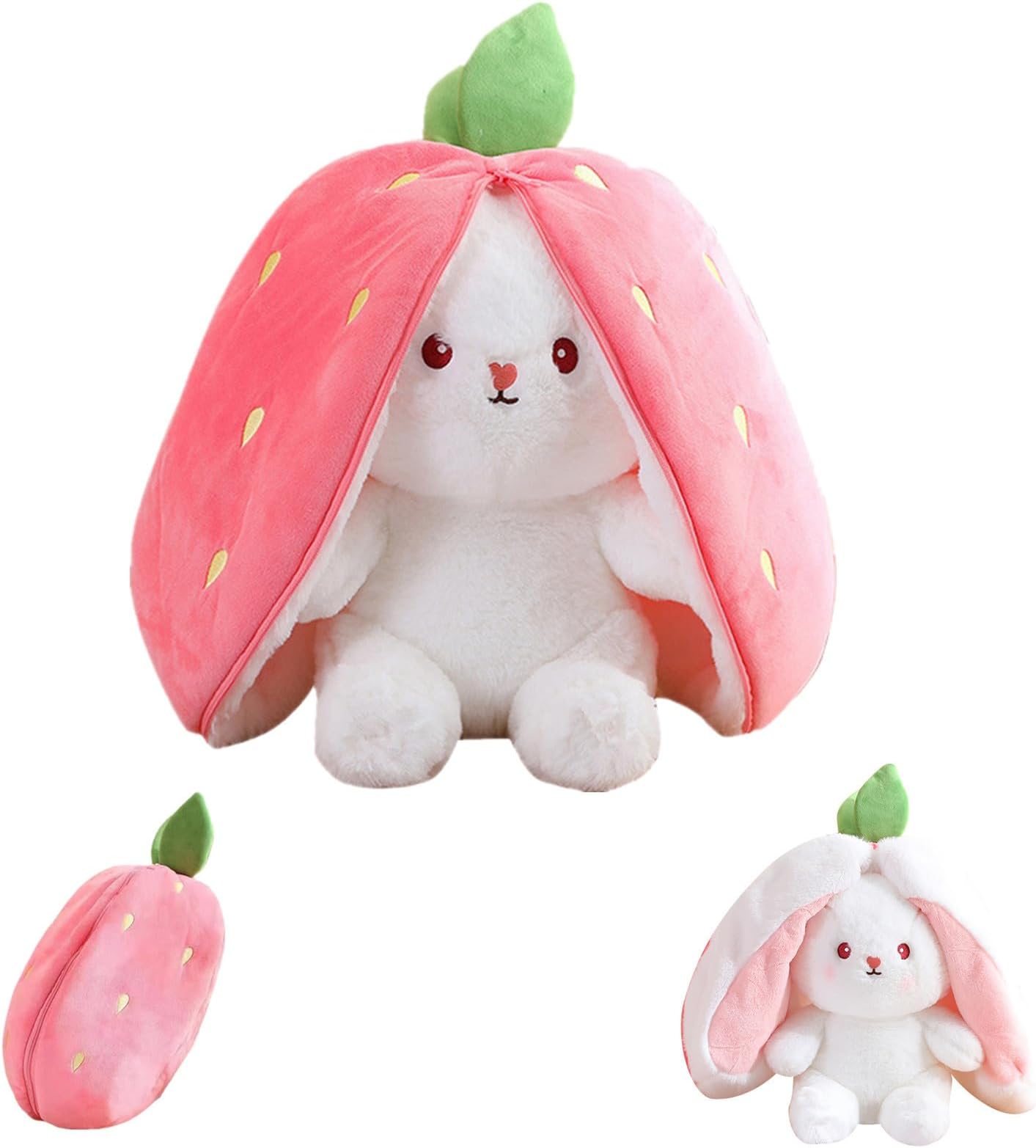 Winnsell Bunny Toy for Kids, Hide And Seek Bunny Plush Toy Reversible Strawberry Rabbit Pillow with Zipper,Wrapped In Strawberries Plush Toy Floppy Ear Soft Stuffed Dolls Gift for Boys Girls