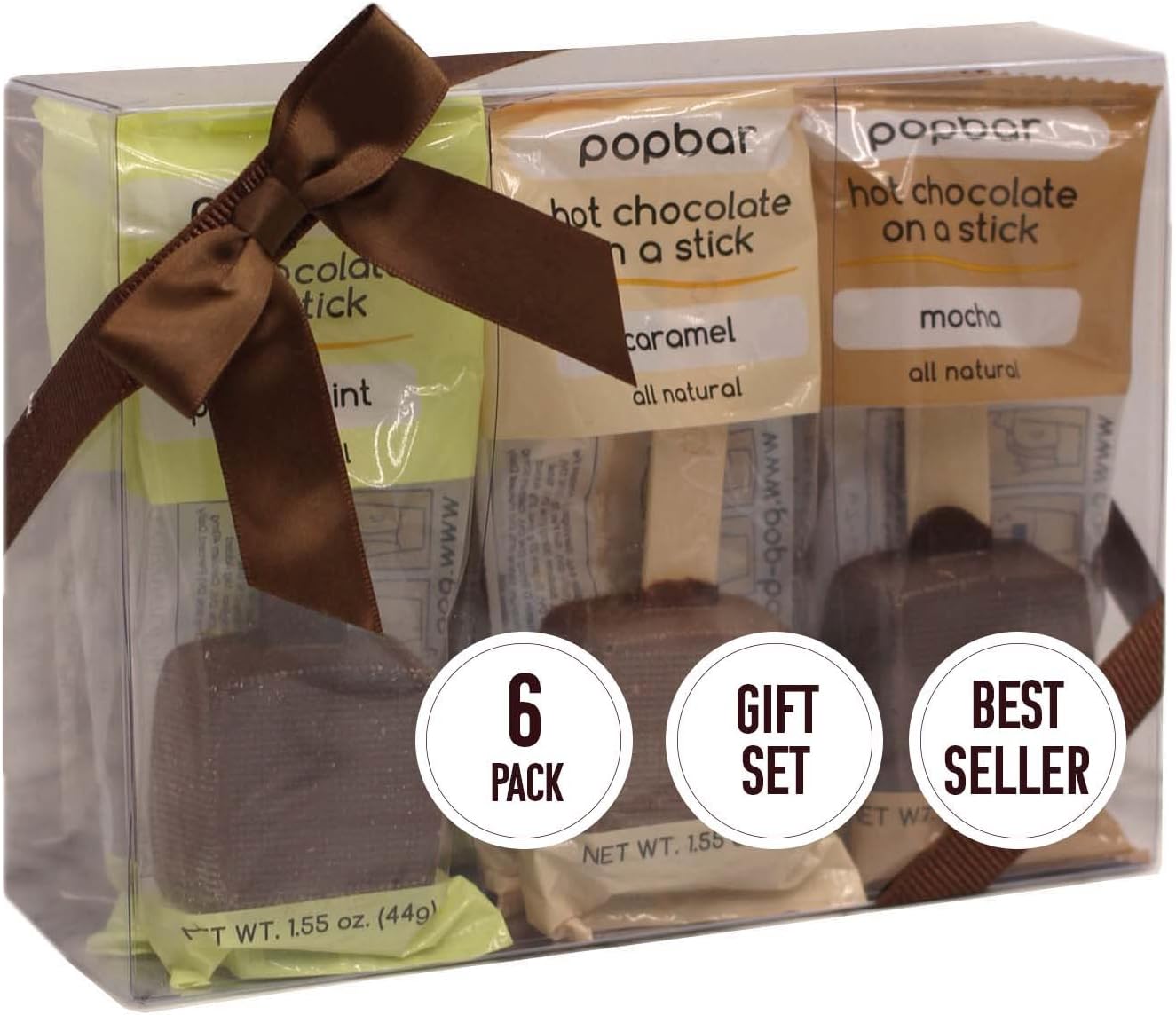 Popbar - Hot Chocolate Sticks - 6 Pack Holiday Gift Pack Set Kit - 1 Dark, 1 Milk, 1 Vanilla White, 1 Mocha, 1 Peppermint & 1 Caramel. Ideal for Holidays, Birthdays, Thanksivging , Christmas,