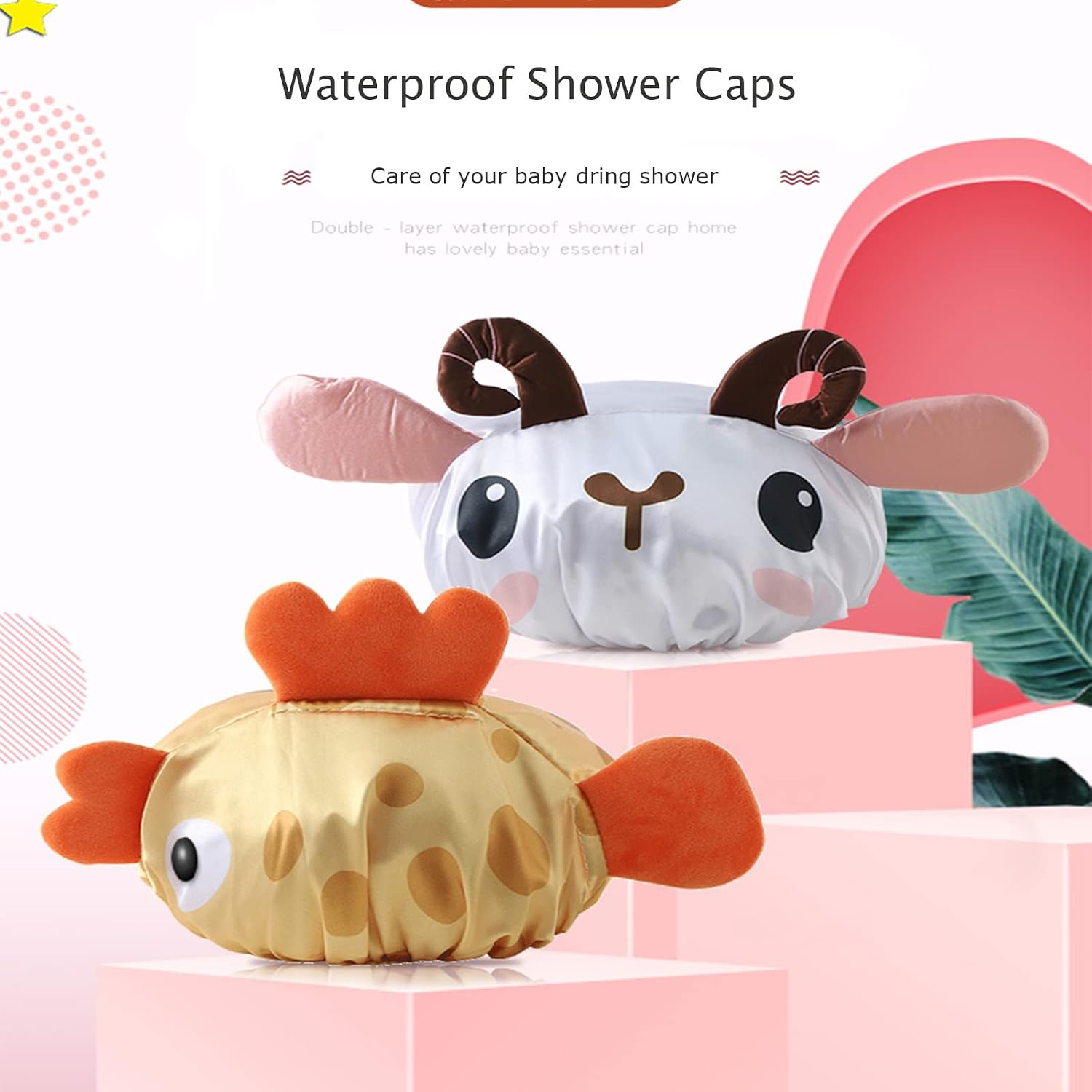 Bath Reusable Shower Caps Designed for Baby, Kids, Children,Long/Thick Hair, Cute, Waterproof, Cartoon Animal, Double Layer Bathing Hat for Boys, Girls, Women(Yellow Fish, Cute Sheep)
