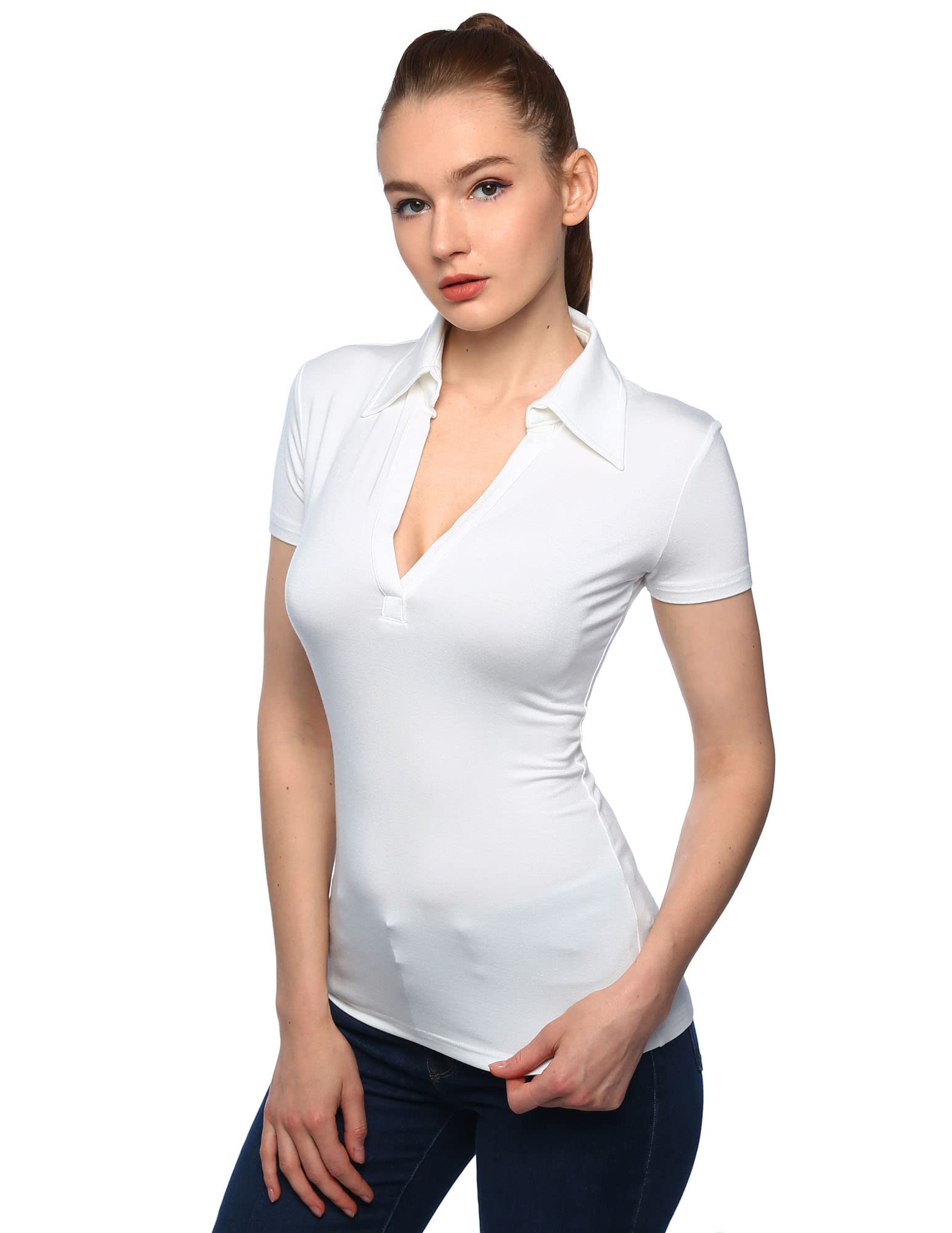 AmélieBoutik Women Collared V Neck Short Sleeve Polo Shirt
