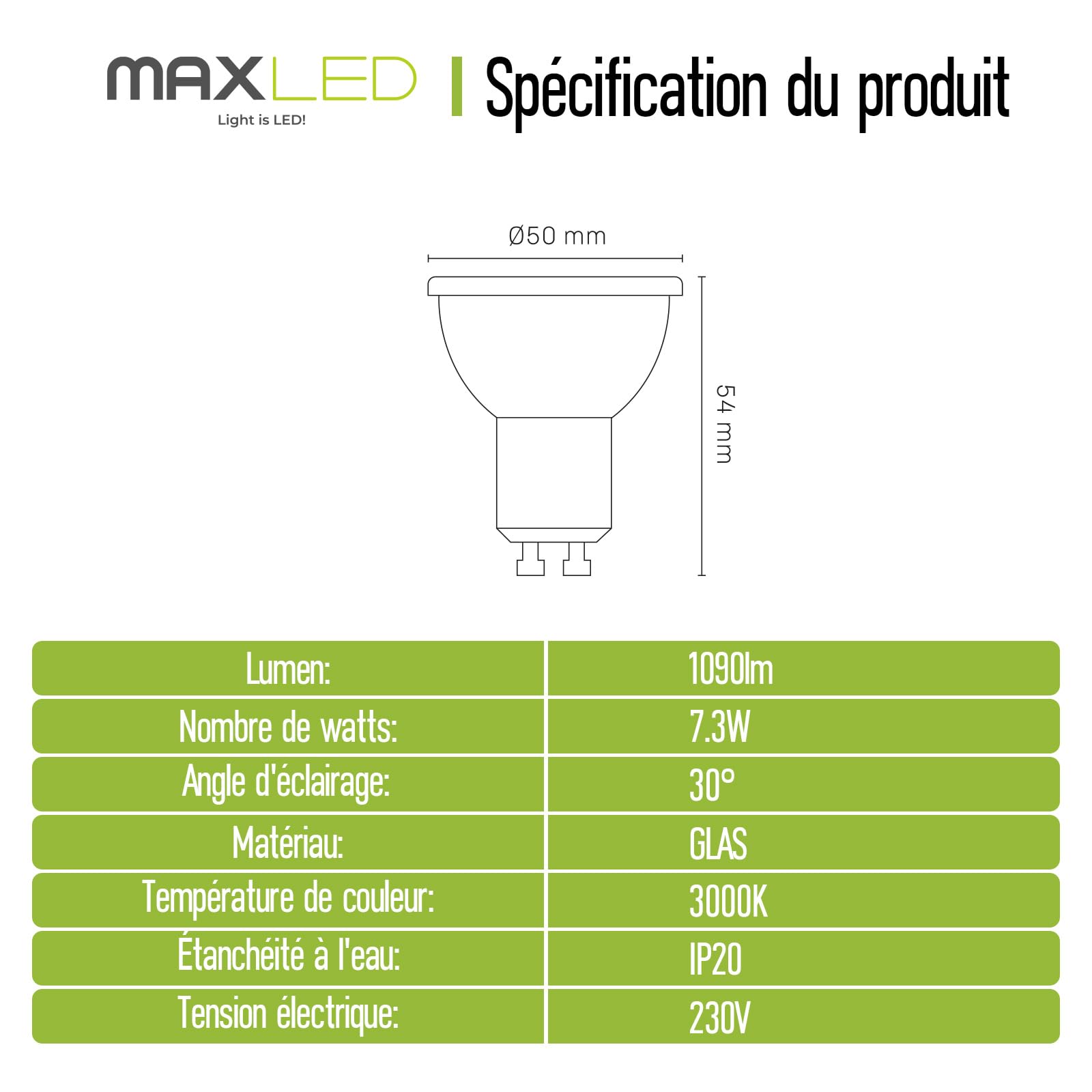 Ampoules LED GU10 7.3W Équivalent Halogène 55W 1090 Lumens Lampe à Réflecteur Blanc Chaud 3000K 30° Spot Ampoule GU10 Led Efficacité Energétique Non dimmable AC 230V Lot de 10