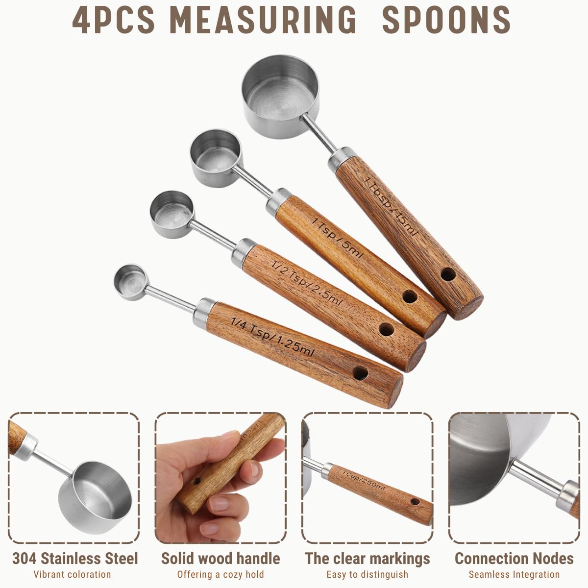 Messbecher und Löffel Set mit Holzgriff, 8 Stück Edelstahl Messlöffel und Becher mit US-Messungen zum Backen und Kochen Silber