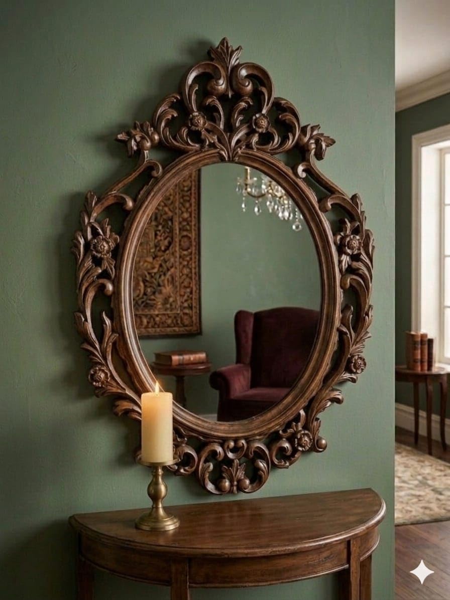 Elegant Vintage Wooden Framed Oval Wall Mirror Hand Carved Floral Design Decorative Accent Mirror for Living Room Bedroom Dressing Area Foyer Traditional Home Decoration (SHISHAM)-picture-32