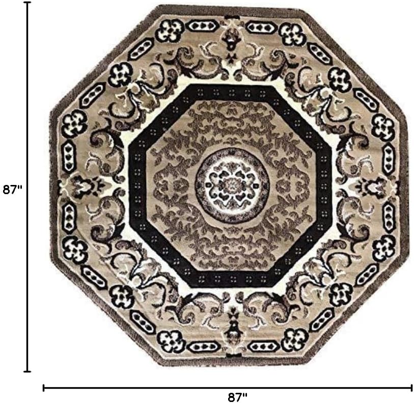 Americana Traditional Oriental Octagon Area Rug Beige Brown Ivory Oriental Design 101 (7 Feet 3 Inch X 7 Feet 3 Inch)