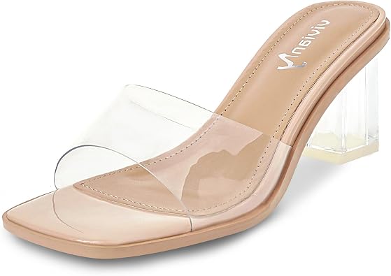 vivianly Womens Low Block Heels Sandal Clear Shoes | Square Open Toe Chunky High Heels Slip on Heeled Sandals Mules Slide for Party Wedding Dress Shoes