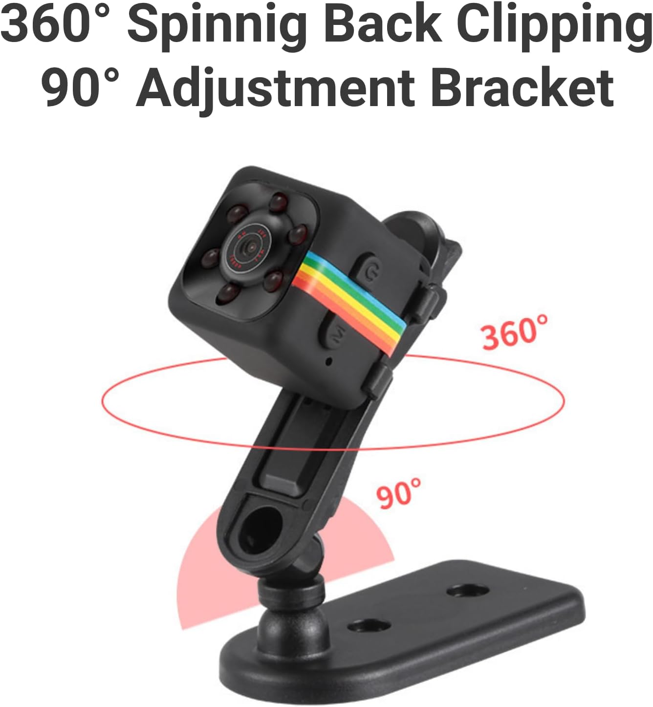 Diyeeni SQ11 Mini Camera attached to a 360 degree spinning back clipping and 90 degree adjustment bracket