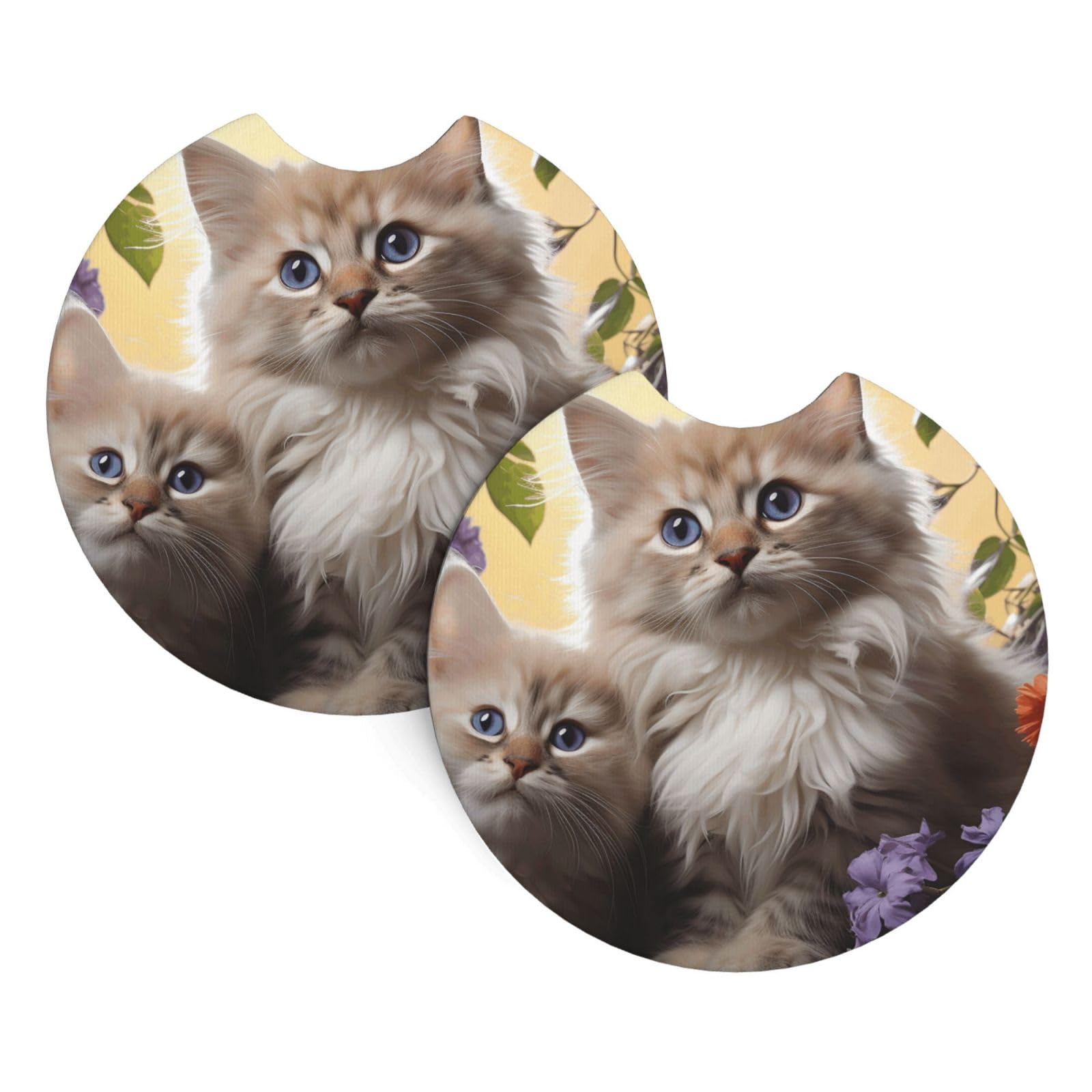 2PCS Car Coaster for Cup Holders Universal Auto Cup Mat Cat Flowers Cup Coaster Pad 2.7" Waterproof Neoprene Non-Slip Cup Holder Coasters Car Interior Accessories for Women Men