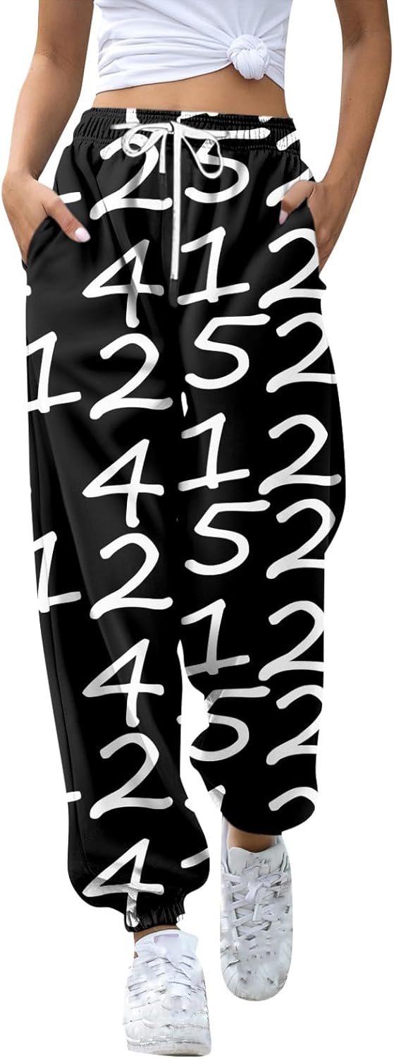Joggers for Women Math Number High Waisted Drawstring Cute Sweatpants Workout Athletic Gym Active Pants with Pockets