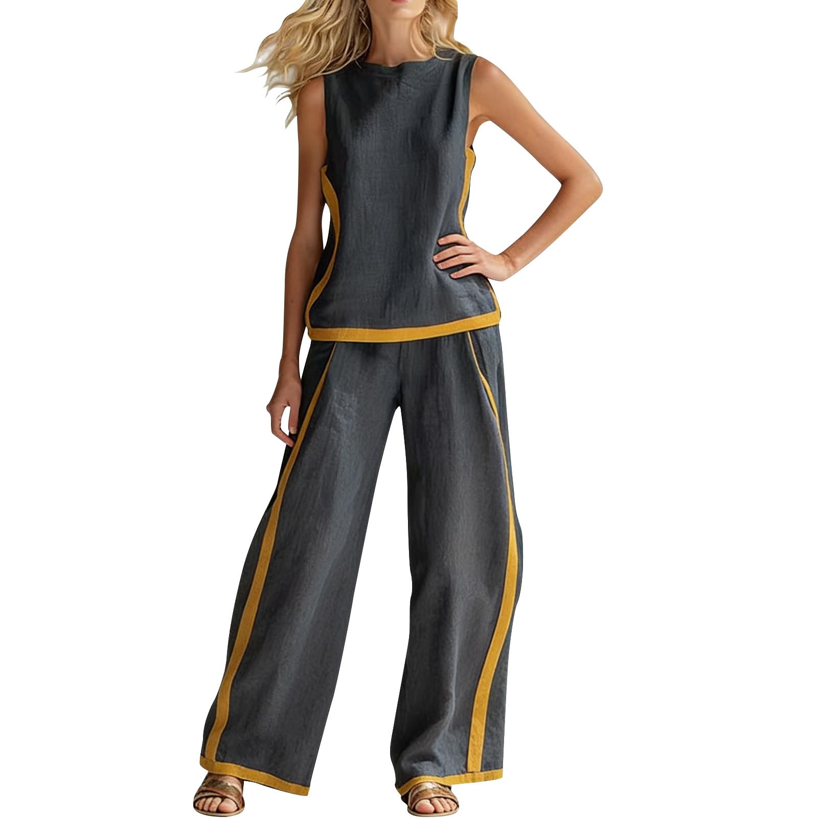 Ensemble en lin pour femme - Col rond - Débardeur sans manches et pantalon large - Design bloc de couleur - Vêtement de sport pour la course à pied, le yoga, le fitness, le fitness - Élégant