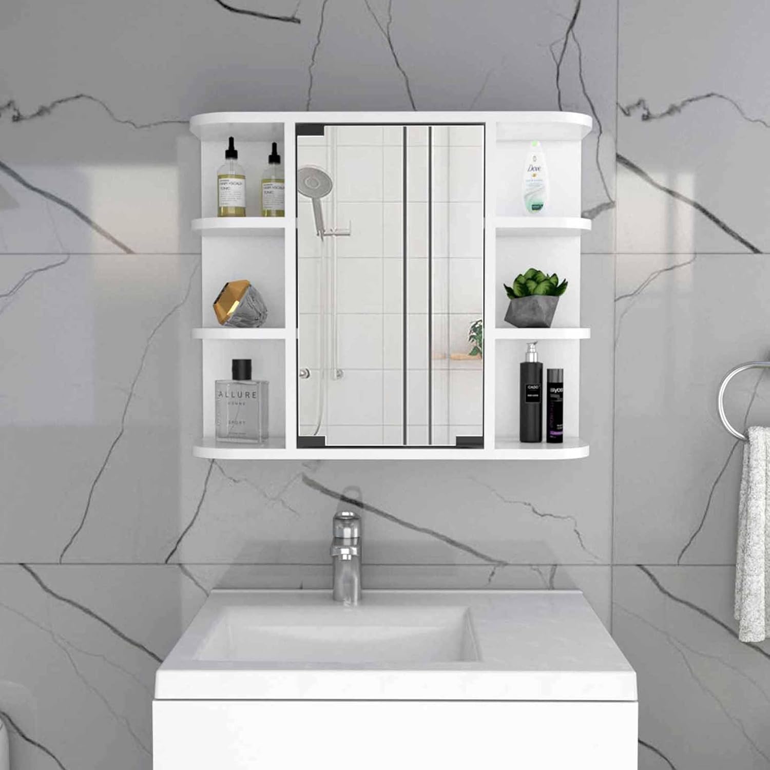 Tuhome Milan Medicine Cabinet with Six External Shelves, Mirror, Three Internal Shelves, Modern Bathroom Storage Solution