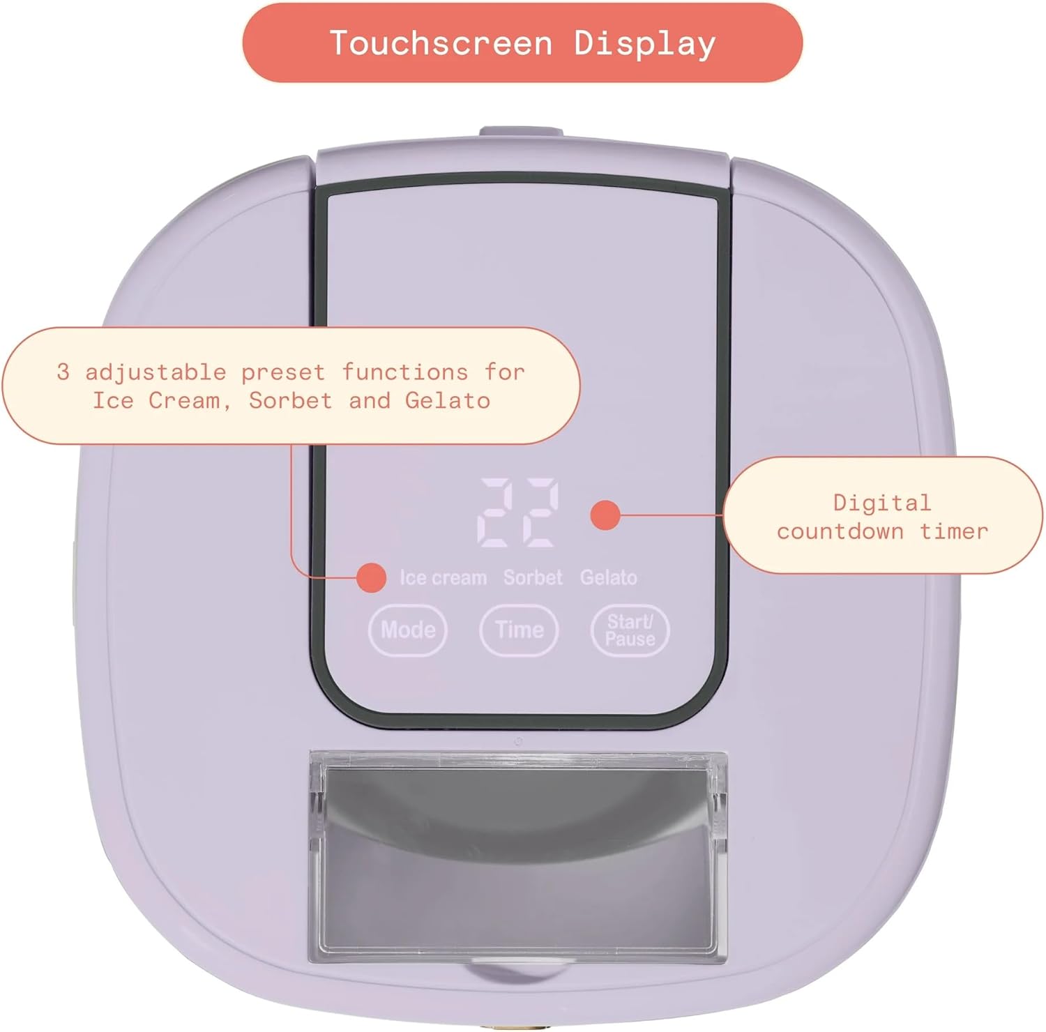 Close-up of the ice cream maker's touchscreen display showing mode and timer options.