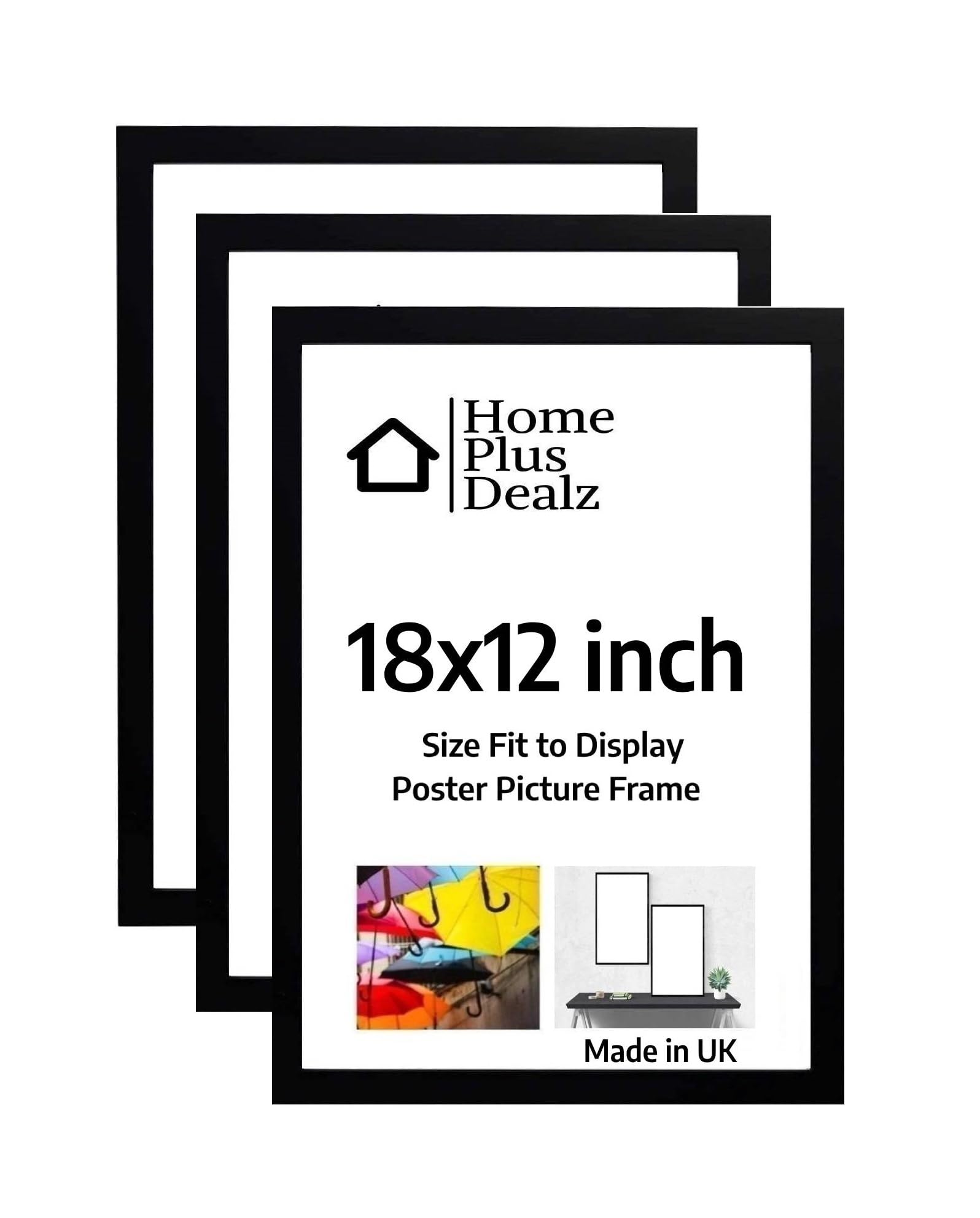 Home Plus Dealz Ltd Picture Frames 18x12'' (Set of 3) Decorative Wall Photo Frames in MDF with Clear Aclyric Glass - Black Matte Poster FrameSchool Use