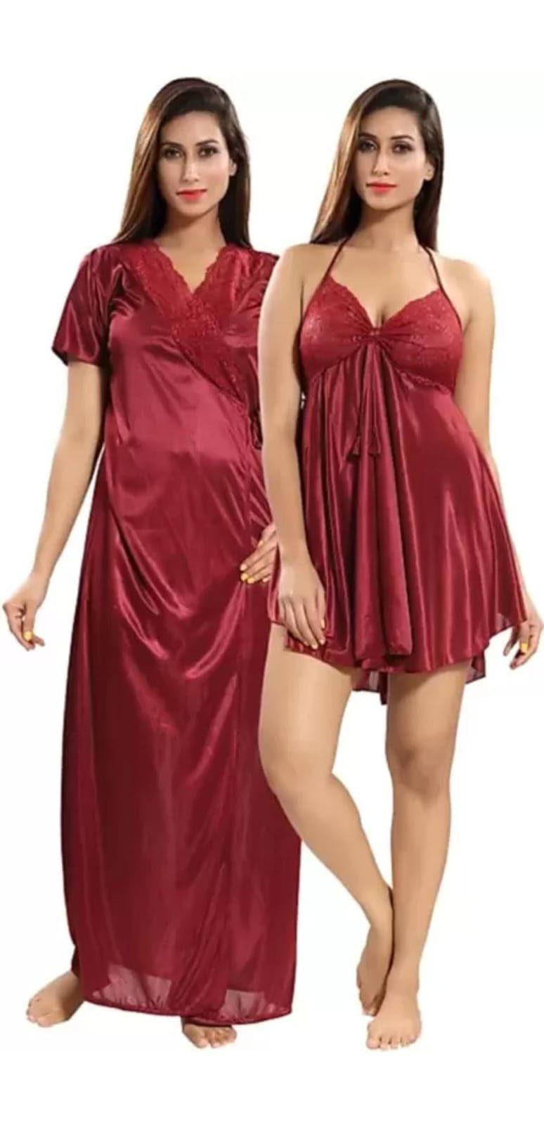 || Women's Satin Plain/Solid Nightwear Set Night Dress with Robe Pack of 2 for Ladies (Pack of 2)