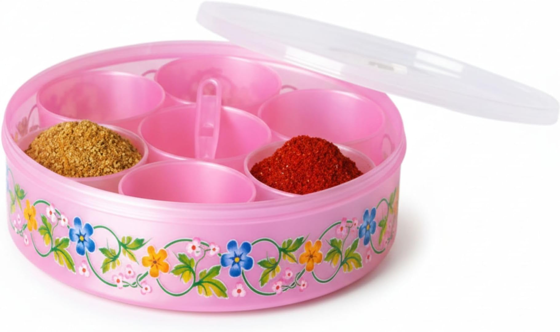 Plastic Spice Box with Lid, Pink, 7 Compartments, Floral Design, Round Masala Organizer, Kitchen Storage Container