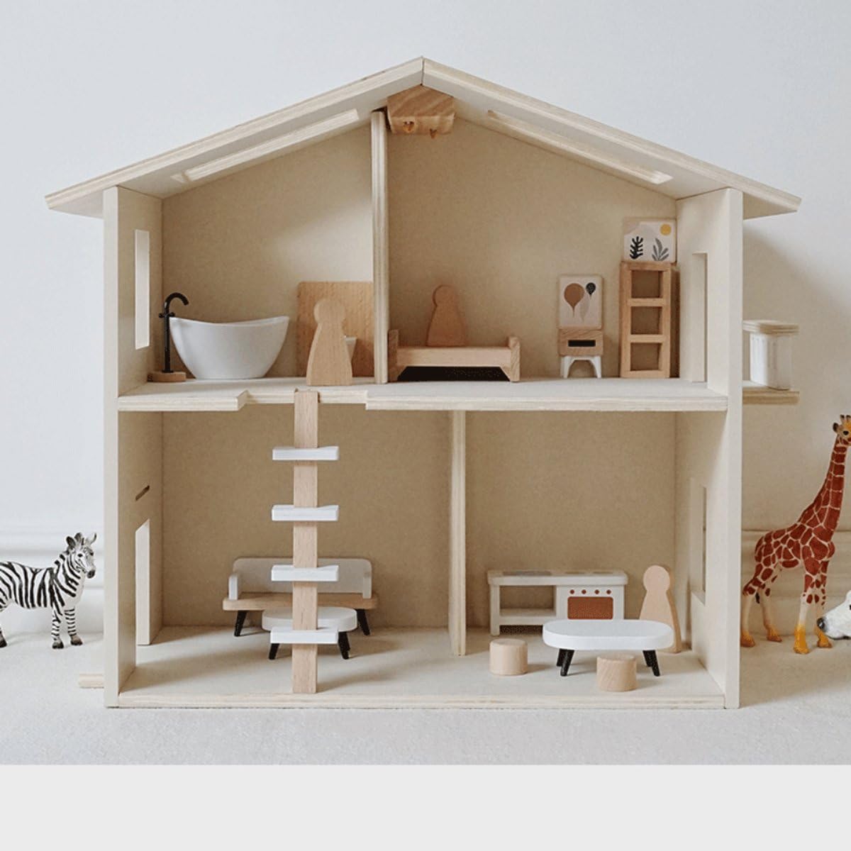 Houten Poppenhuis - Kinderhuis voor Poppen met Meubels - Speelhuisje van Hout - Barbiehuis