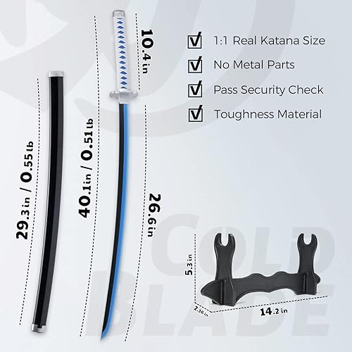 Vista 19 de Cold Blade Demon Katana - Réplica de anime de 41 pulgadas con cinturón y soporte, espada duradera perfecta para cosplay, espada Nichirin con diseño