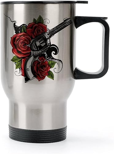 Guns and Rose - Taza de café de viaje de acero inoxidable, vaso aislado con tapa y asa, para hombres y mujeres, 14 onzas
