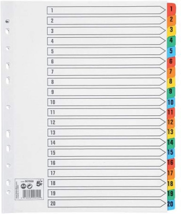 5 Star Maxi Index Extra-wide 230 micron Card with Coloured Mylar Tabs 1-20 A4 White
