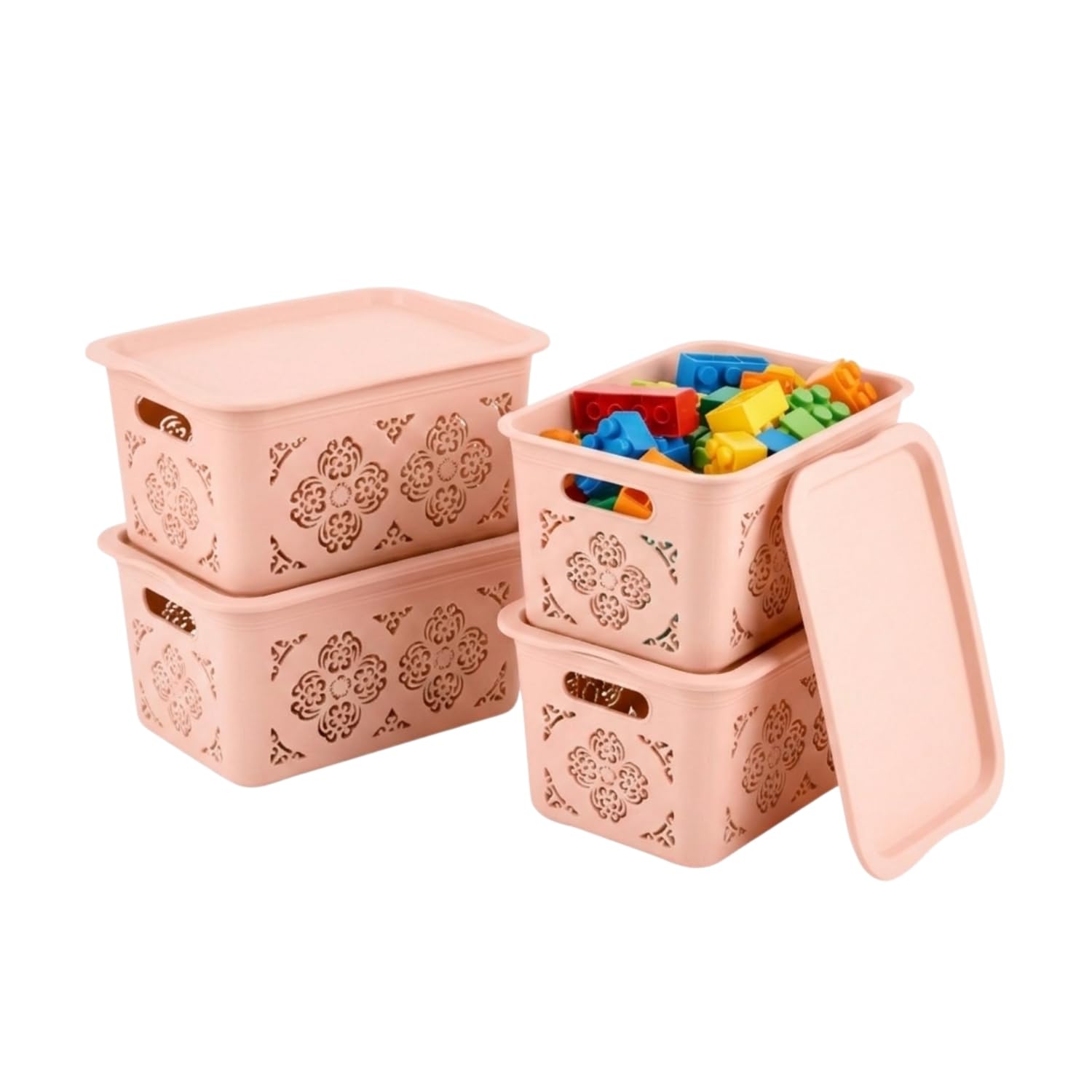 HOMESHOPA Small Plastic Storage Baskets with Handles and Lids, 4 Pack Pink Stackable Storage Containers Bins for Kitchen, Bathroom, & Office Shelf Narrow Boxes