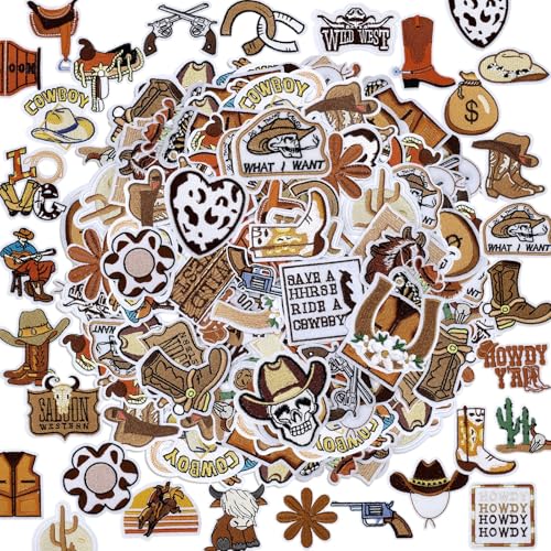 Thiccywoov 80 Pcs Halloween Country Western Cowboy Iron on Patches Embroidered Brown Patches for Hat Vintage Sew on Applique Bulk for Clothing Jackets Backpacks Stockings DIY Accessories