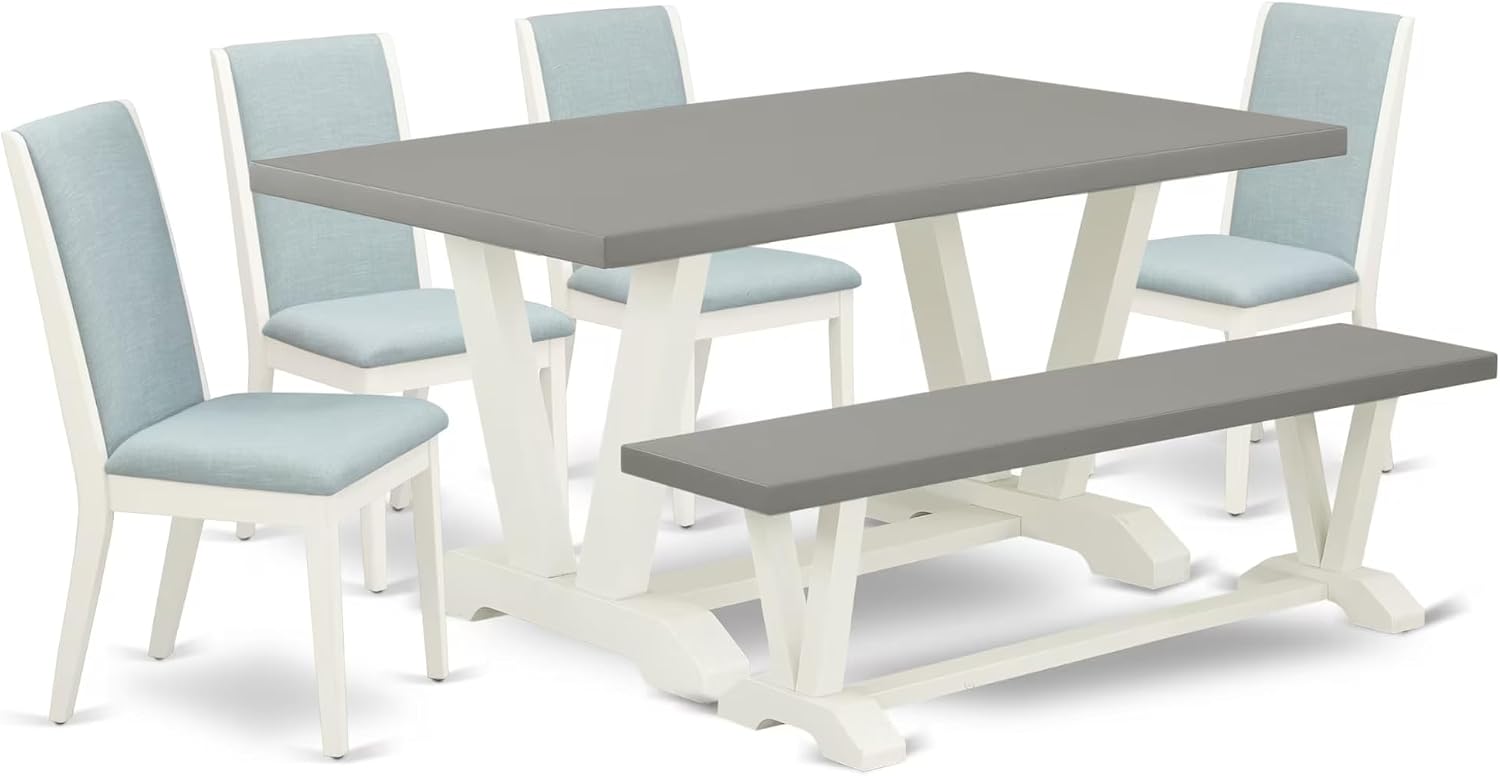 East West Furniture V096LA015-6 6 Piece Dining Table Set Contains a Rectangle Dining Room Table and 4 Baby Blue Linen Fabric Upholstered Chairs with a Bench, 36x60 Inch, Multi-Color