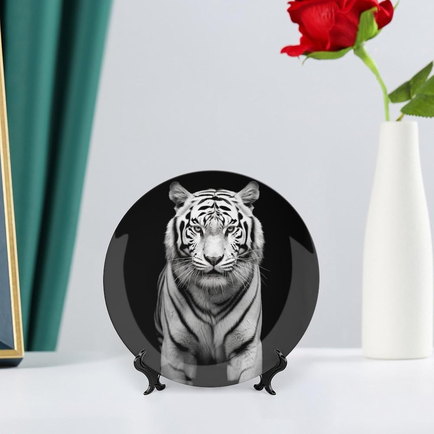 Black And White Tiger Ceramic Decorative Plate for Home, Bone China Plates