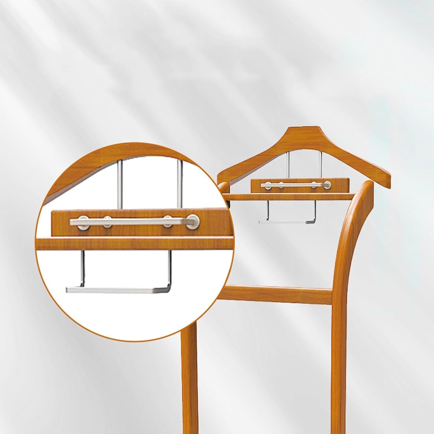 Solid Wood Valet Stand - Floor Clothes Hanger - Mens Suit Rack/Standing Coat & Pants Hanger - With Contour Hanger, Top Tray, Trouser Bar, Tie & Belt Hooks And Shoe Rack(Wood Color)
