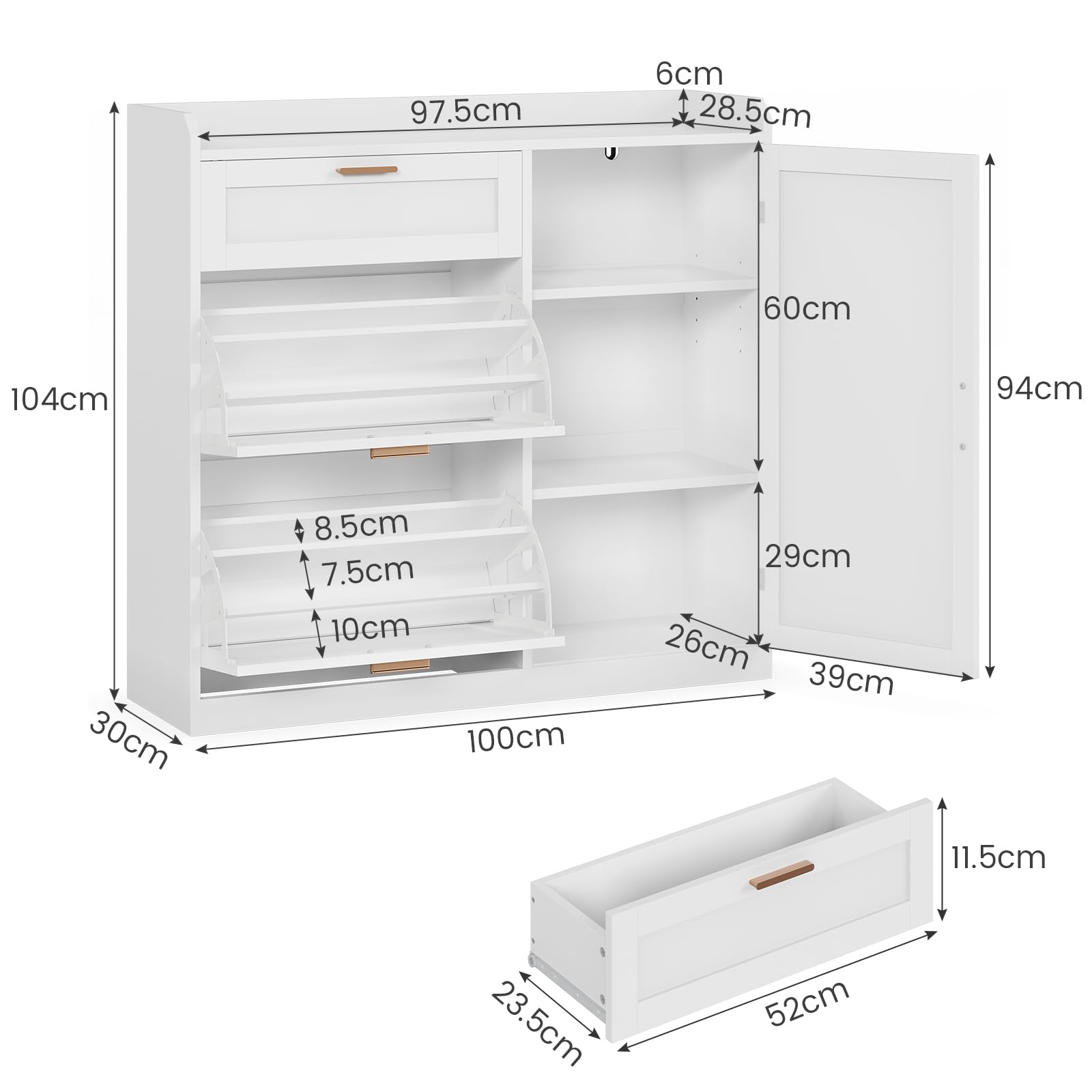 KIMENICH Scarpiera con 2 Scomparti a Ribalta, Scarpiera con 1 Cassetti, Mobiletto portaoggetti laterale, Divisorio Regolabile, per 12-15 Paia di Scarpe, Corridoio, Ingresso, 30 x 100 x 104 cm, Bianco