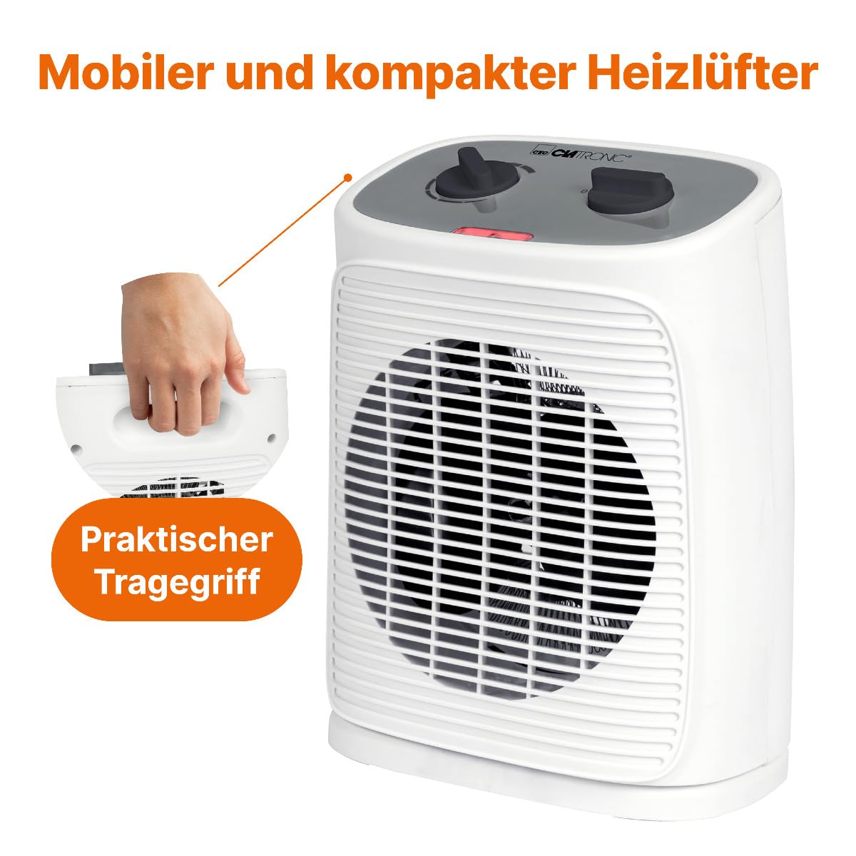 Clatronic HL 3800 grzejnik z funkcją wentylatora | ogrzewanie elektryczne z bezstopniową regulacją termostatu i 2 stopniami ogrzewania | grzejnik oscylujący | grzejnik do łazienki, kuchni, garażu