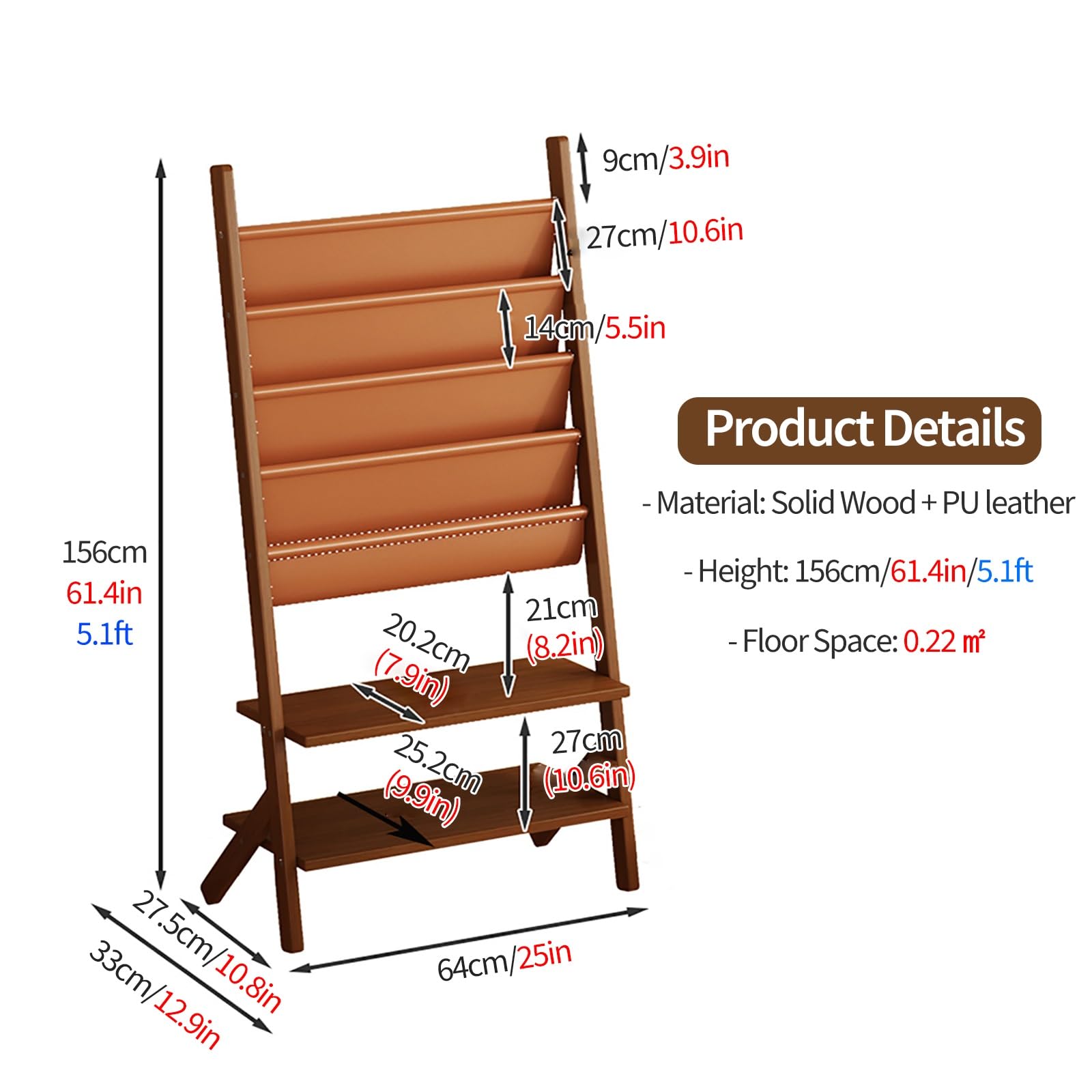Porte-revues en bois au sol avec cuir PU - Porte-journaux et magazines pour enfants de grande capacité - Porte-brochures de magazines de littérature sur pied - Rangement de bandes dessinées, jouets