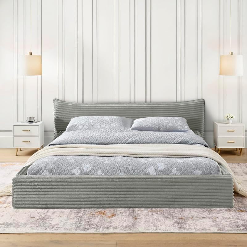Queen Size Bed Frame with Upholstered Headboard, Soft Velvet Floor Bedframe, Modern Queen Platform Bed with Curved Headboard,Solid Wood Slats, No Box Spring Needed, Grey