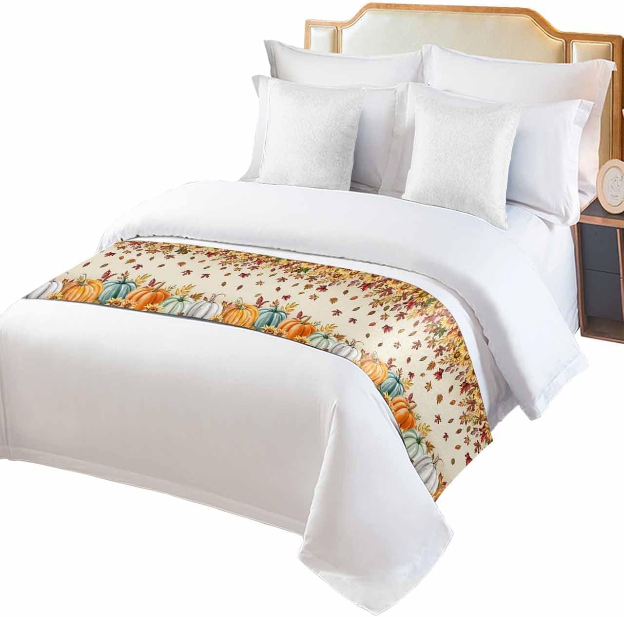 Thanksgiving Bed Runner Scarf Fall Maple Leaves on Buffalo Plaid Black White Bedding Scarf Decorative Bed Runners Cover for Home Bedroom Hotel Wedding Room Bed Scarf for Foot of Bed King 102x20in