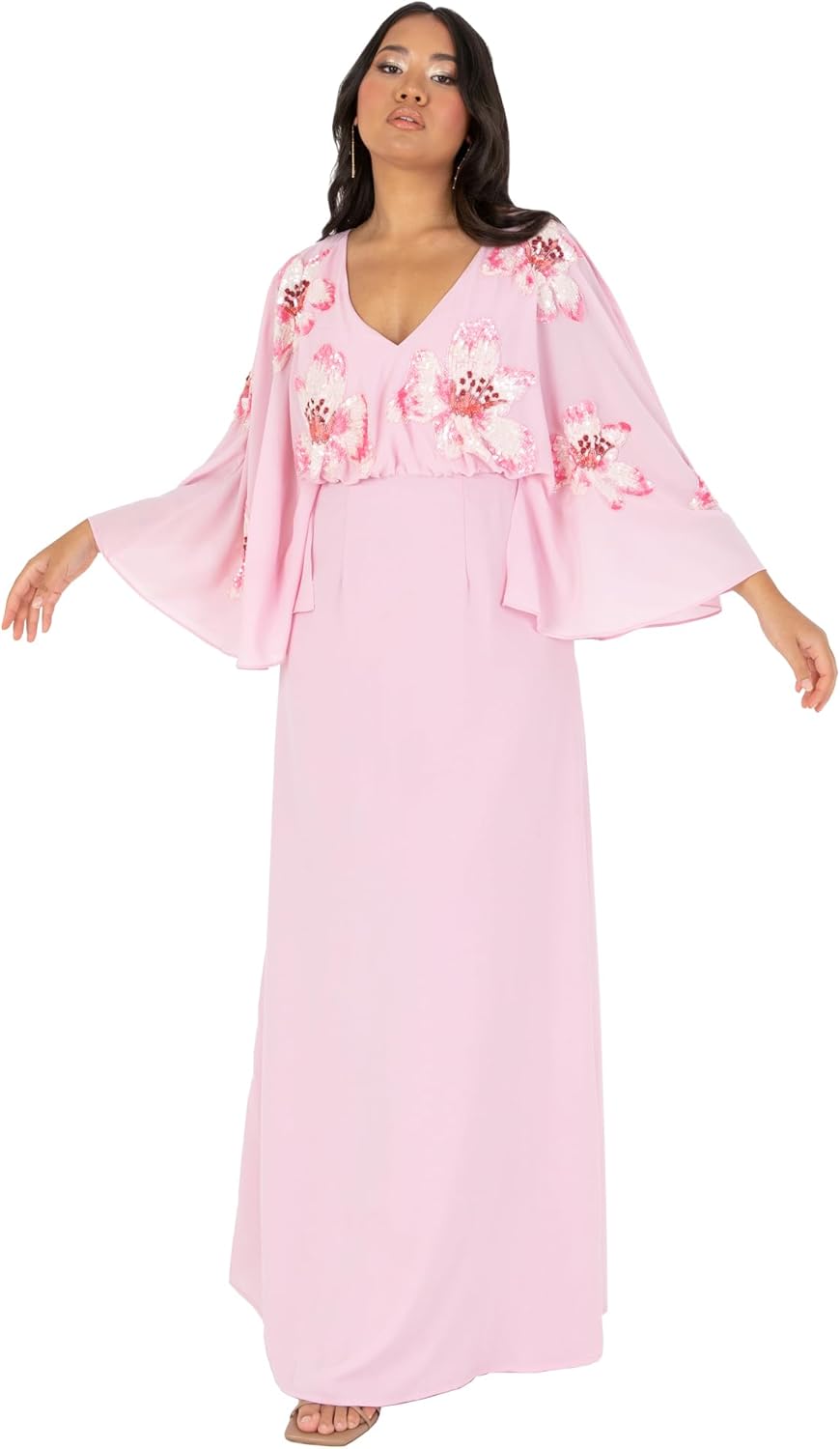 Maya Deluxe Girls’s Maxi Costume Women V-Neck Lengthy Cape Sleeve Floral Sequin Embellished A-line for Marriage ceremony Visitor Night Event