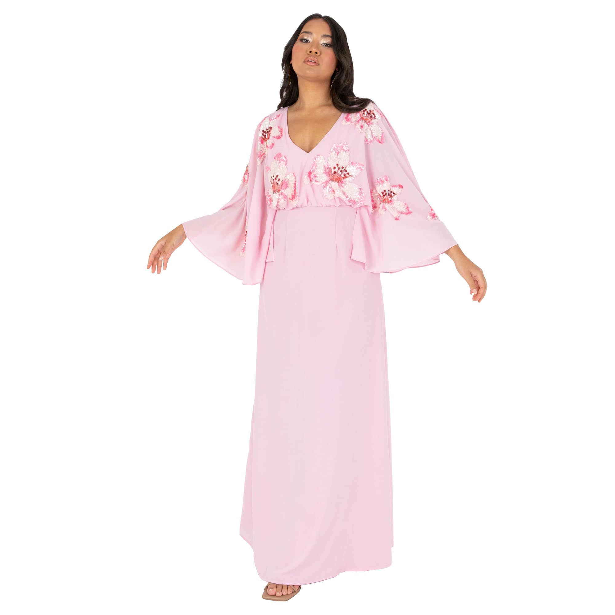 Maya Deluxe Women's Maxi Dress Ladies V-Neck Long Cape Sleeve Floral Sequin Embellished A-Line for Wedding Guest Evening Occasion Vestito Donna