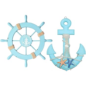 Fangoo 2 Pack 28 CM Rueda de Barco de Madera y 33 CM Ancla de Madera