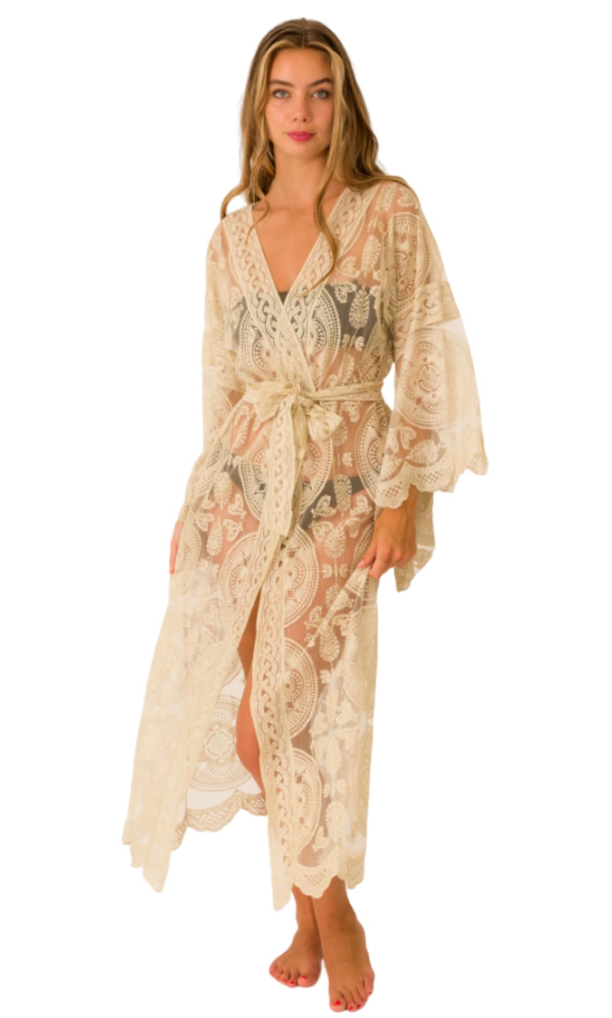 Miro Boho Chic Kimono Ibiza Caftan Long Taille Unique Large Dentelle Coton Qualité Supérieure Robe de Plage Femme Strandkleid Damen Copricostume Kaftan Damen