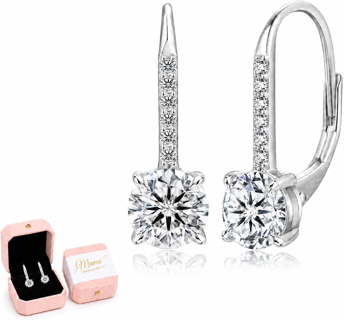 KRKC Moissanite Earrings, 1.0ct-2.0ct D Color Lab Created Diamond Earring, 14k White Gold Plated Sterling Silver Dangle Earrings S925 Leverback Drop Earring for Women Hypoallergenic Jewelry for Gifts