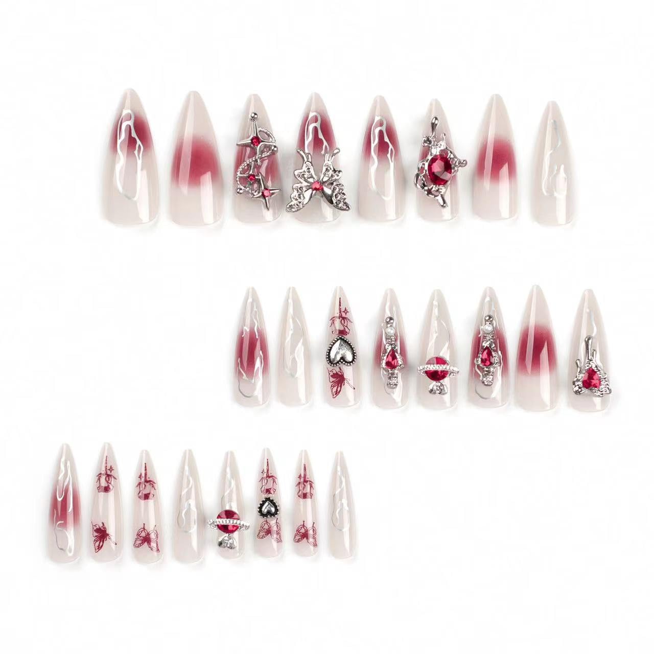 24Pcs Medium Almond Shaped Pink Press Ons Nails, Blusher Style, Decorating Silver Butterfly with Gems Nail Charm, Silver Flame Nail Art Stickers False