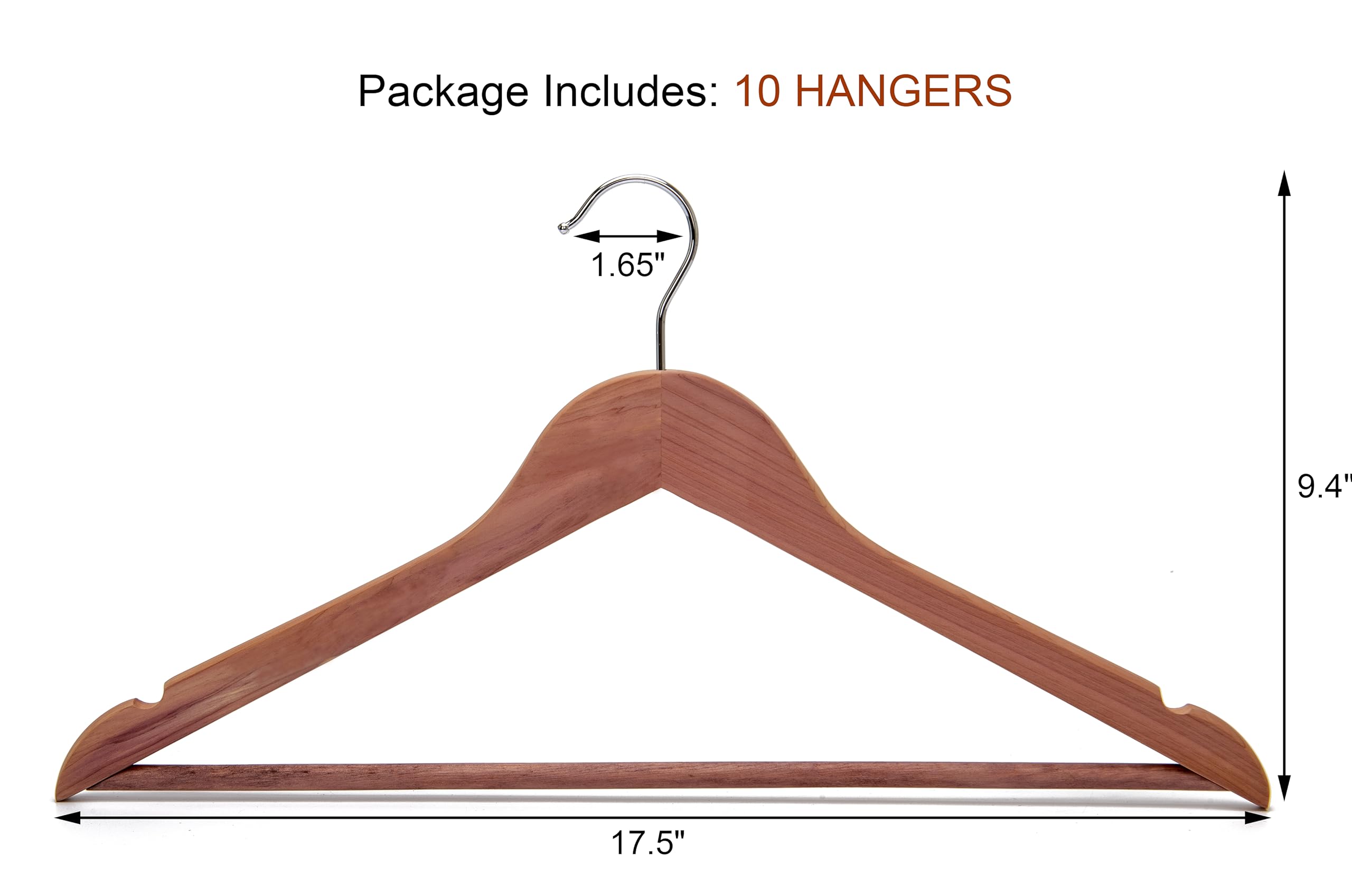 Lot De 10 Cintres En Bois De Cèdre Rouge Américain – Naturel, Crochet 360° Et Barre Antidérapante – HL03N