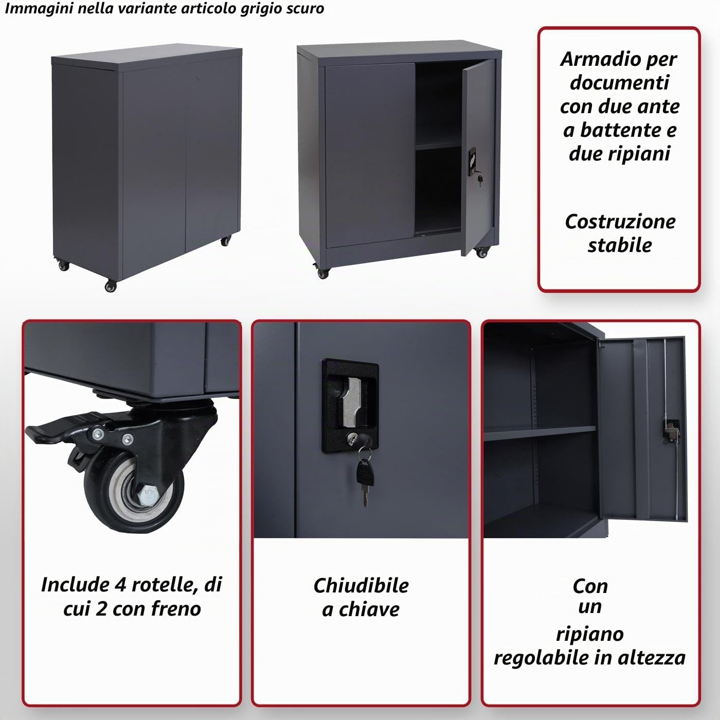 Mendler Armadio documenti HWC-O50, armadietto ufficio acciaio ruote, 2 ante serratura, acciaio 98x80x40cm - grigio scuro