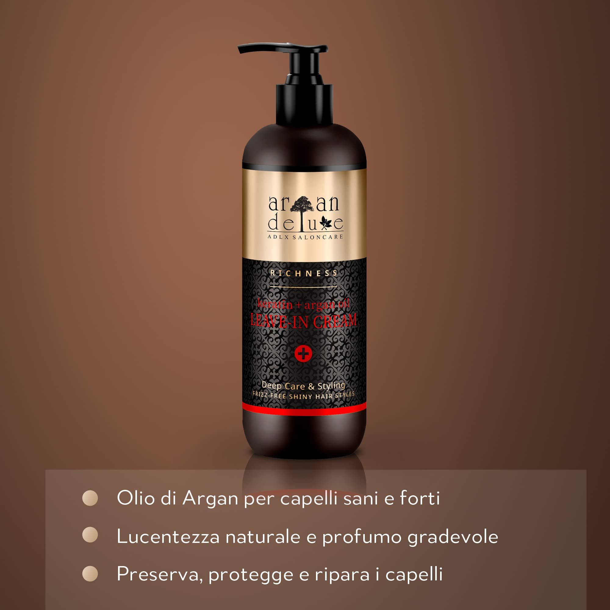 Argan Deluxe Keratina Leave-In Care & Styling in qualità professionale da 240 ml - anti-crespo, umidità, lucentezza e morbidezza per i capelli - con Cheratina