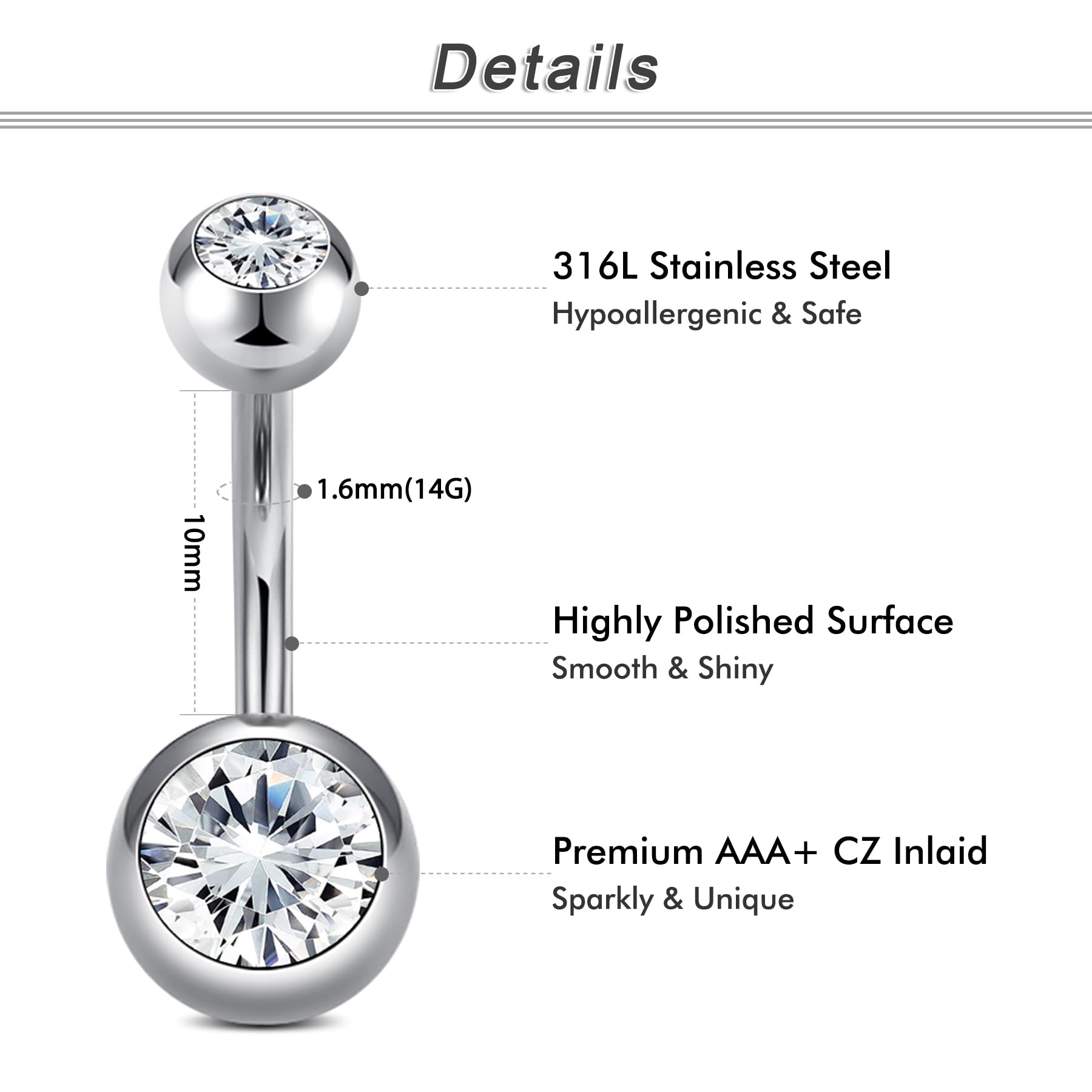 Crdifu Barbell L-CR-DDQ-6 kolczyki do pępka, zestaw 14 G, ze stali chirurgicznej 316L, piercing, biżuteria srebrna, różowe złoto, stal szlachetna, kolor srebrny, 5 sztuk