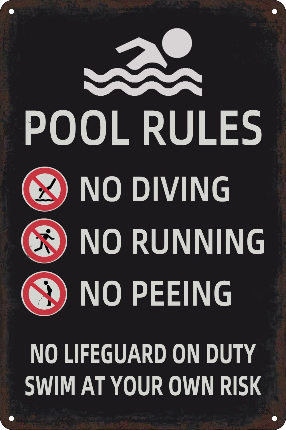 Vintage Tin Signs Swimming Pool Rules with Their own Risk Swimming Warning Metal Sign Funny Warning Metal Sign Wall Decor Plaque for Home Swimming Pool Water Park Garden Outdoor Safety Sign 12x8 in