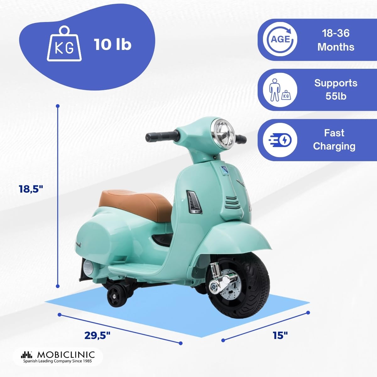 Mobiclinic® Kids, Moto eléctrica niños, Licencia Oficial Vespa Piaggio, Motor 30w, Roma, Luz led, Antivuelco, Velocidad 2, 5 km/h, Botón Musical, 18-36 Meses, Batería 6v, Acelerador, Carga 25 kg