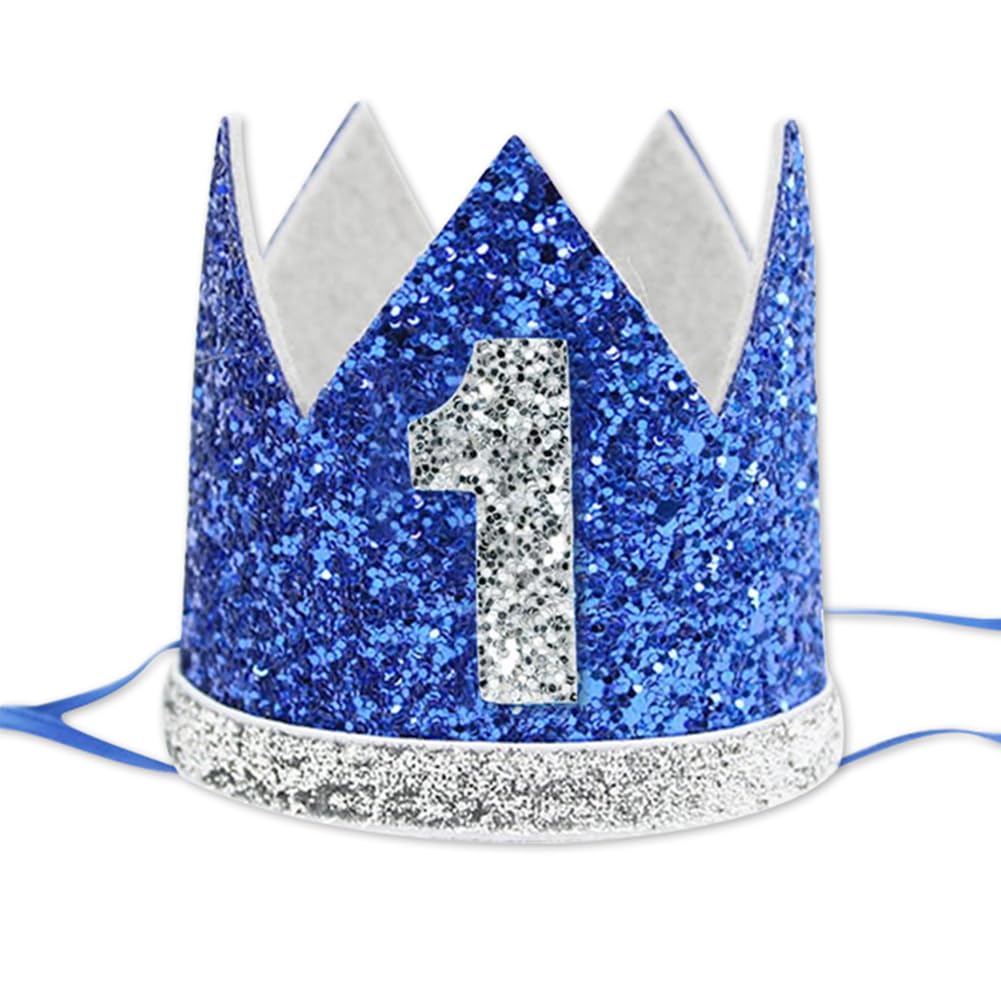 Eoopoon 1st Birthday Crown Hat, Blue Glitter Party Decorations for Baby Boy/Girl
