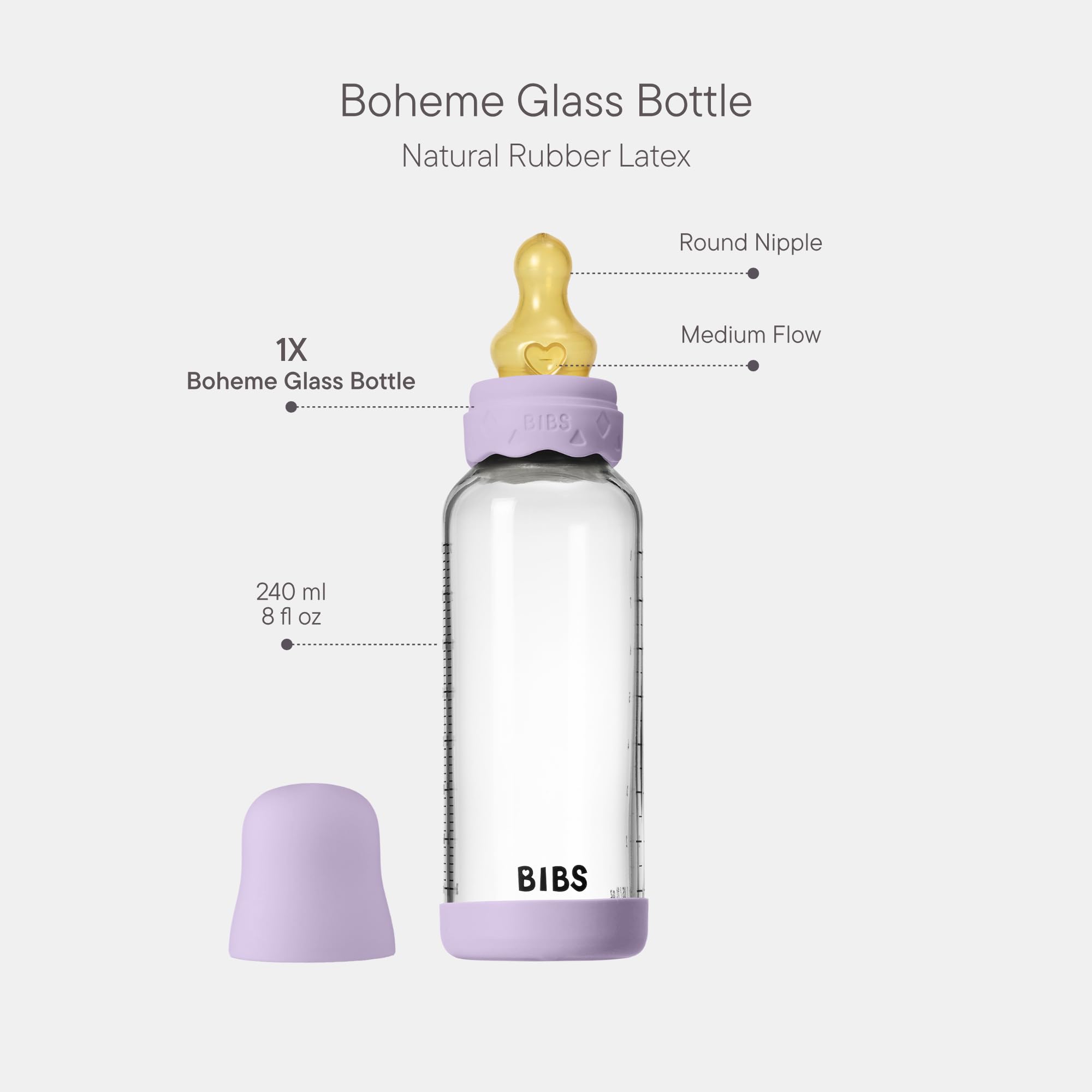 BIBS Boheme Baby Glass Bottle 240ml, Vermindert Koliken, Runder Sauger aus Naturkautschuklatex, Unterstützt das Stillen. Hergestellt in Dänemark - Violet Sky (Packung mit 2)