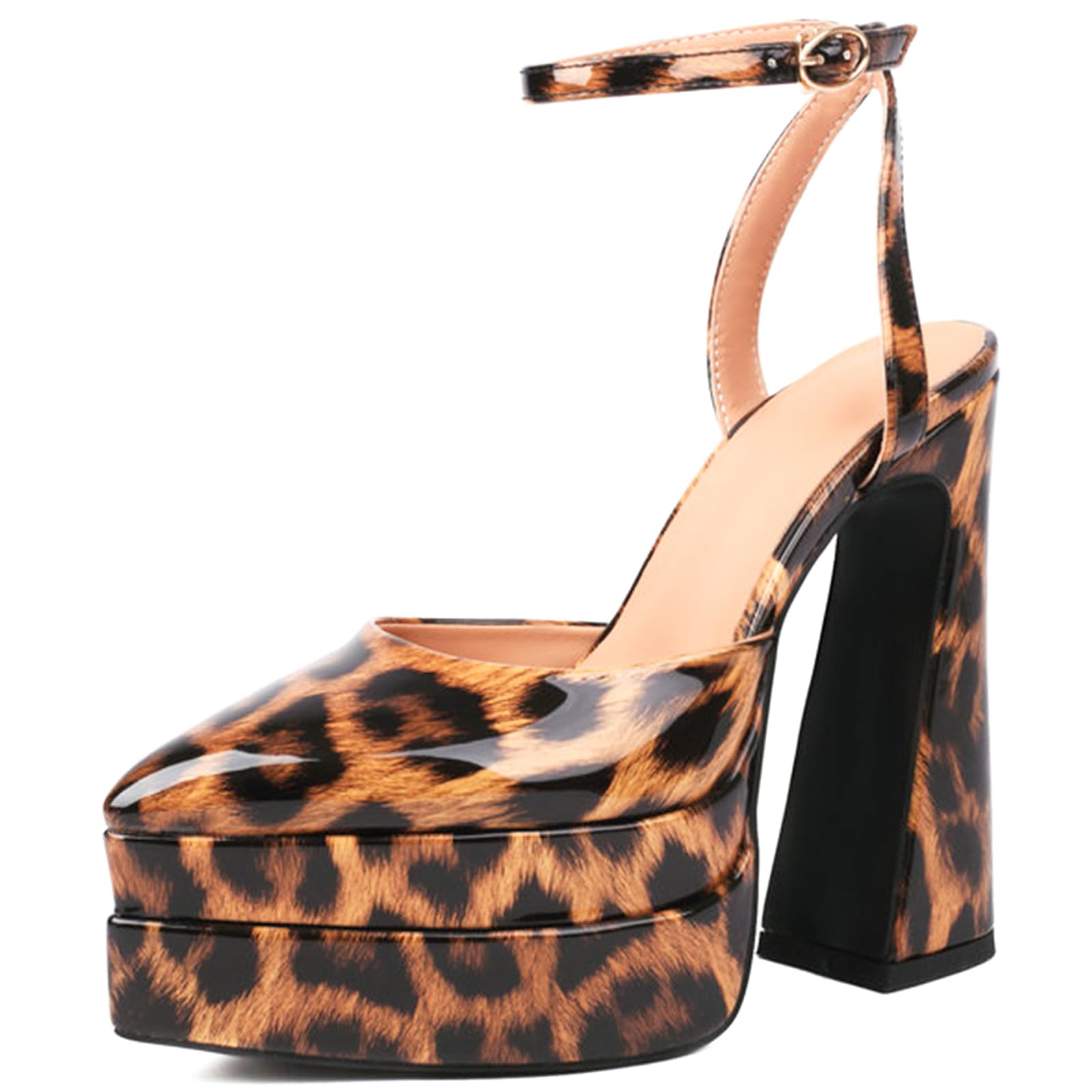 Sandalias de Tacón Ultra Alto 15cm Mujer Plataforma 5cm Punta Fina Estampado Leopardo Piel PU Brillante Suela Antideslizante Diseño Sexy Espalda Abierta Tallas Extendidas