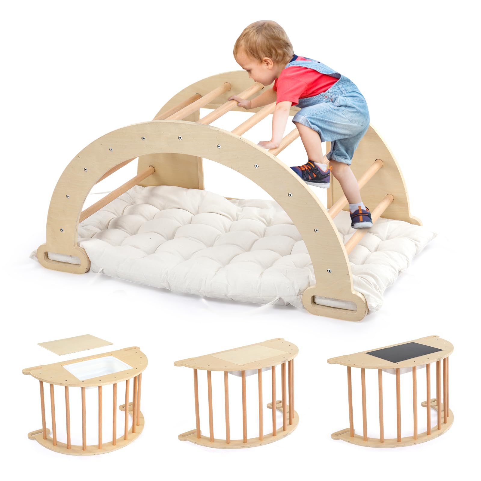 JOYMOR 5-in-1 Pikler Triangle Climber Arch Rocker with Cushion Sensory Table Set for Kids, Montessori Wooden Climbing Toys for Toddlers Inside with Collapsible Storage Basin & Blackboard